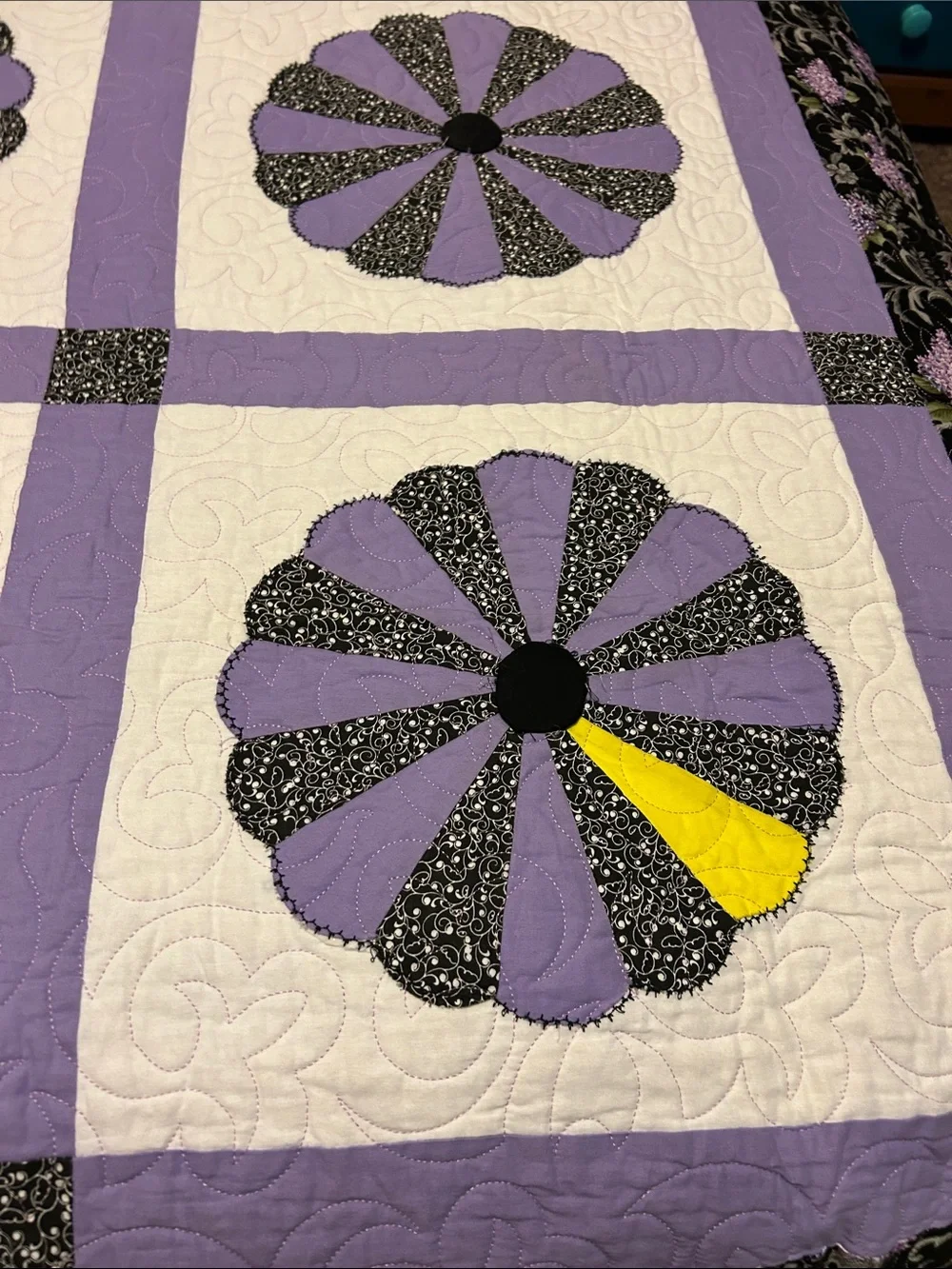 ONE OF A KIND- HANDCRAFTED Floral Quilt in Black, Lavender and Random Yellow